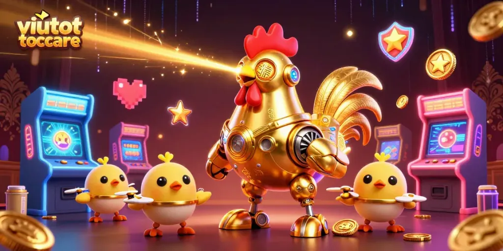Tembakan pola laser dengan viutotocare di dunia kasino 3D futuristik dengan robot ayam emas