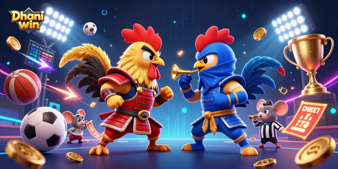 Dhani win features exciting elements like roosters in combat, sports balls, and a dynamic backdrop.