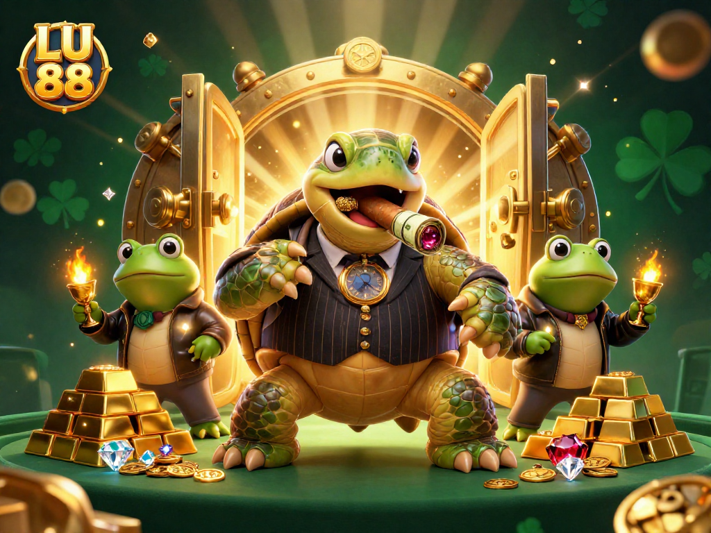 LU 88 casino adventure featuring a snapping turtle and bullfrog enforcers amidst gold treasures.