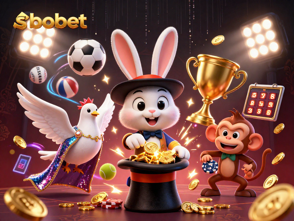 SBOBET's exciting landscape with a magician, dove, and monkey amid dynamic sports and betting elements.