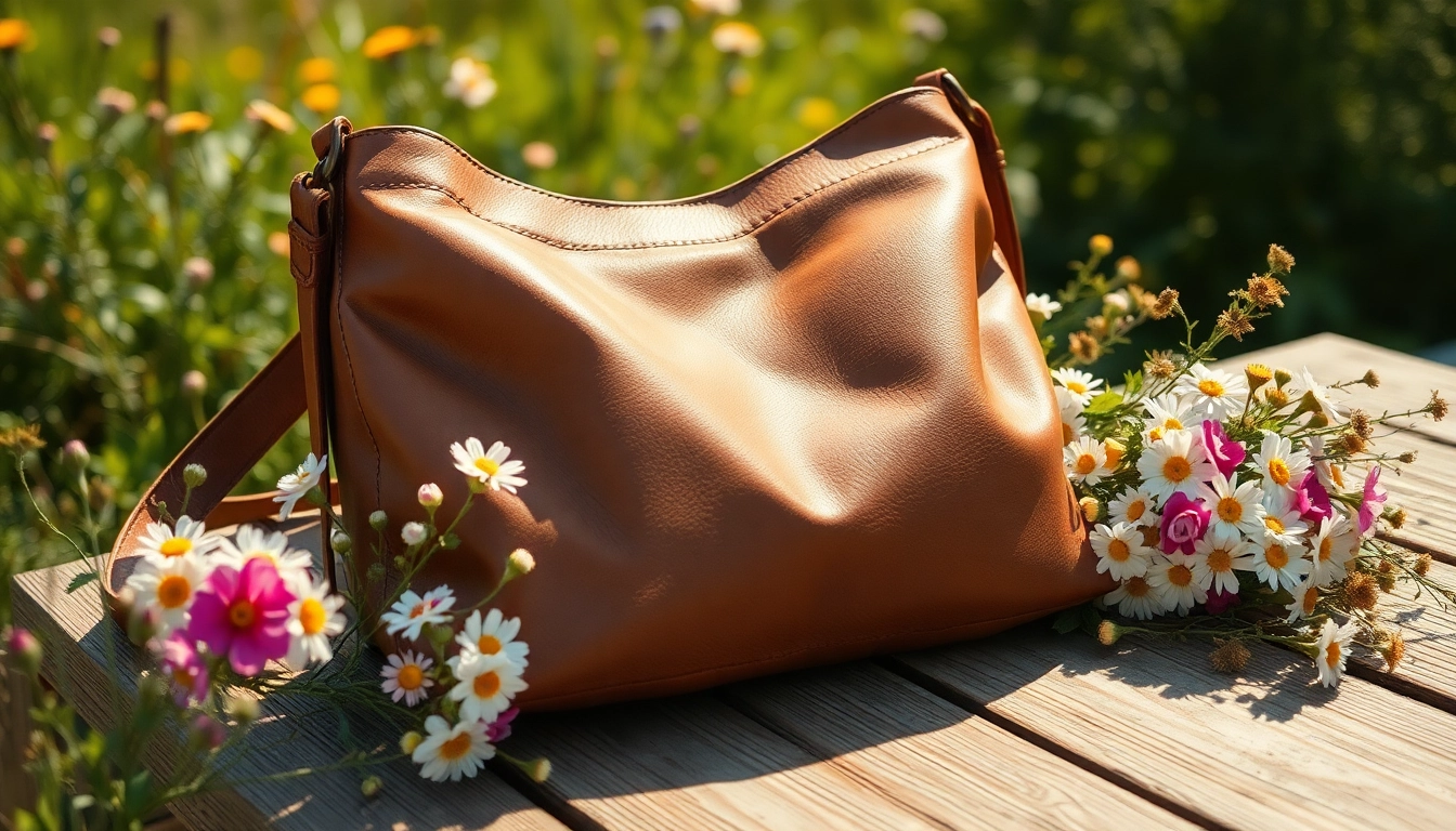 Elegant hobo style bag adorned with floral surroundings on a wooden table