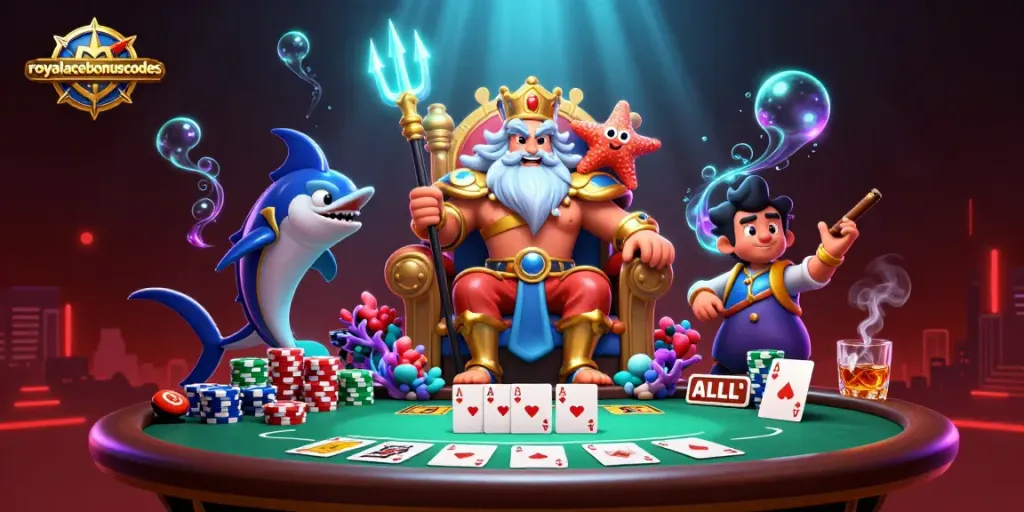 Experience royalacebonuscodes with Neptune at a vibrant poker table, surrounded by casino elements.