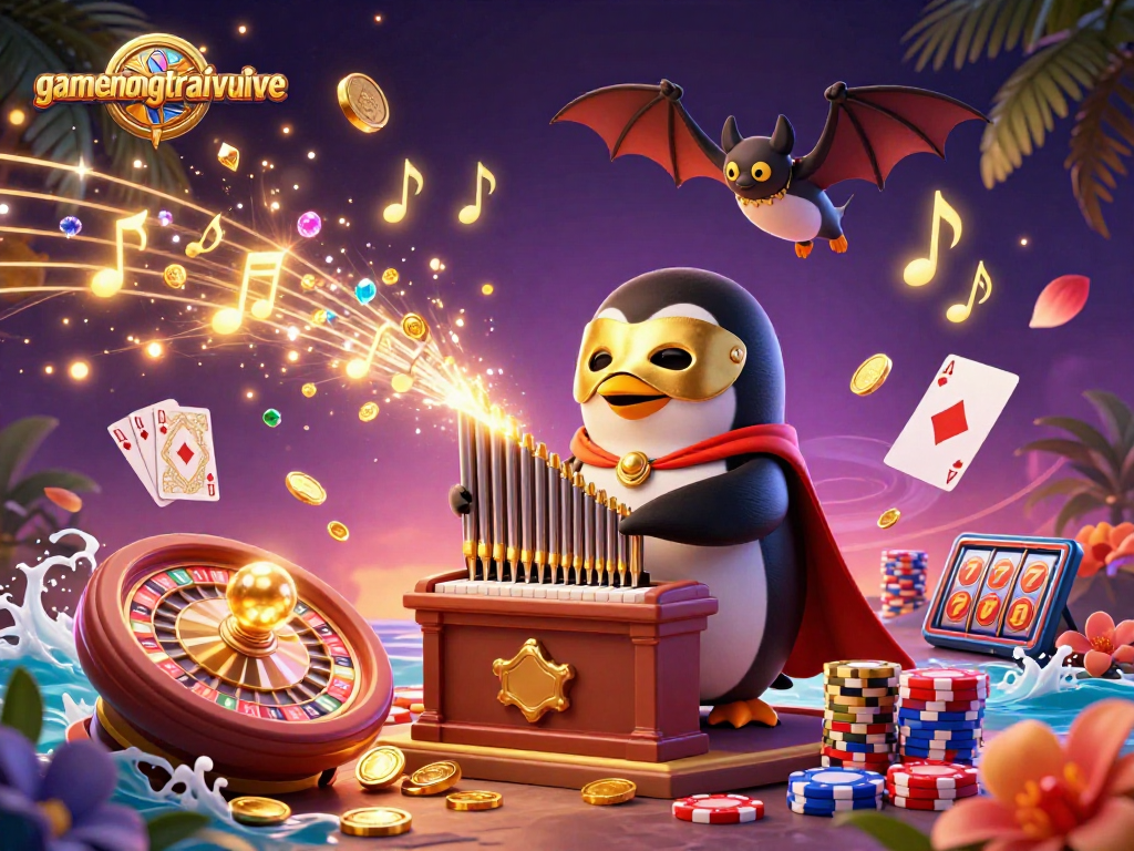 Experience thrilling moments at gamenongtraivuive with a cartoon penguin playing a golden organ amid cascading coins.