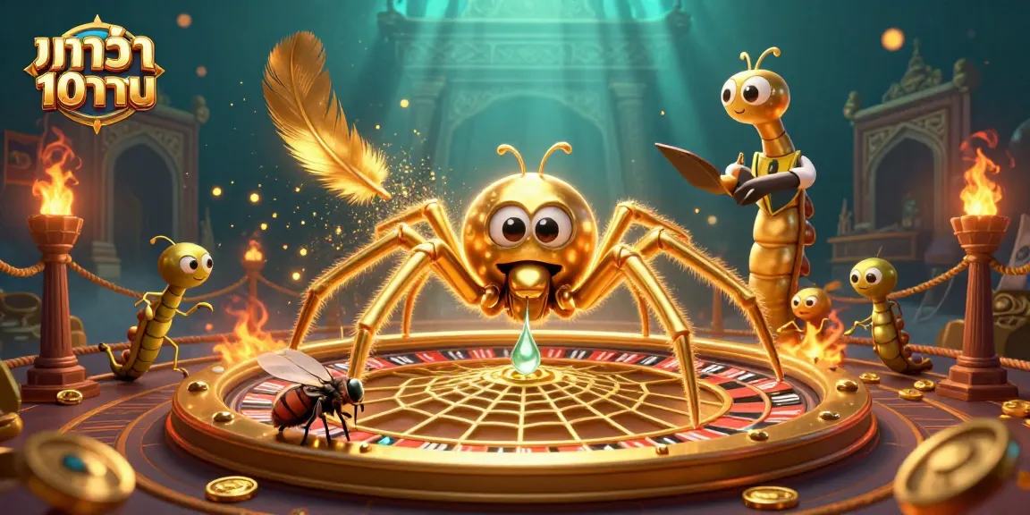Place bets confidently with บาคาร่า 10 บาท in this lively casino scene featuring a spinning roulette web.