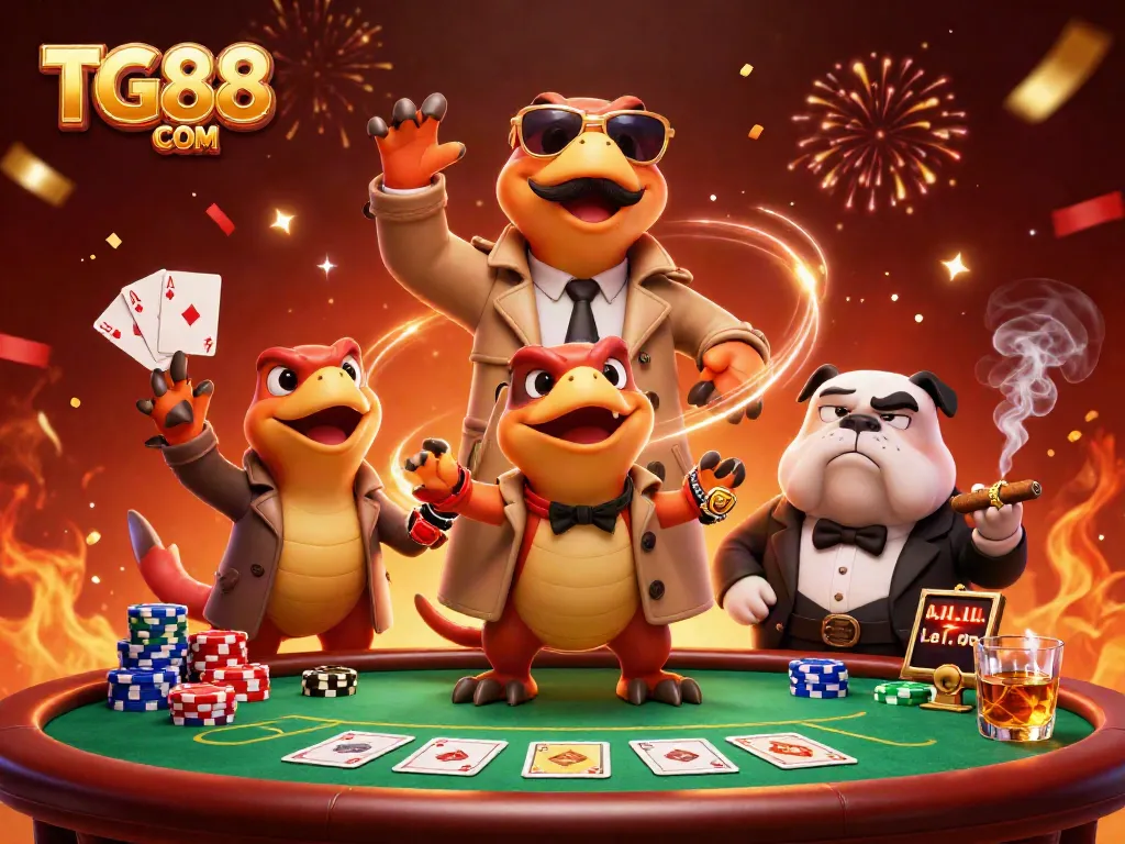 Engage with thrilling games at TG88 COM, featuring raptors jokingly sneaking into a VIP lounge.