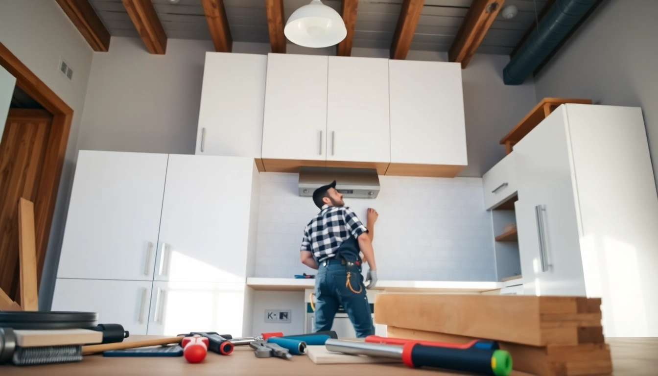Home improvement project showcasing skilled craftsmanship in modern kitchen cabinetry installation.