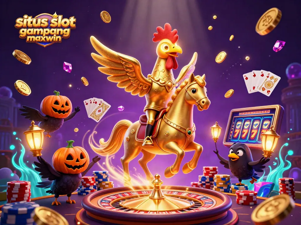 Engage in situs slot gampang maxwin with a vibrant scene of golden rooster and casino elements.