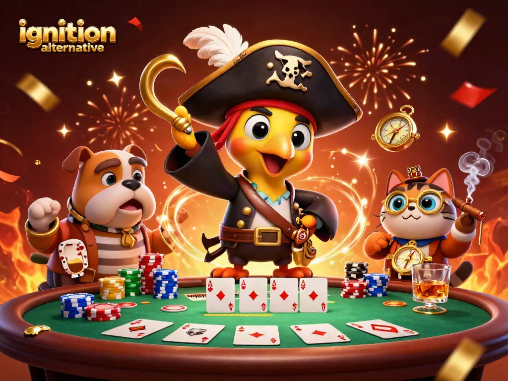 Play with the best ignition alternative at a vibrant casino scene with characters and poker game elements.