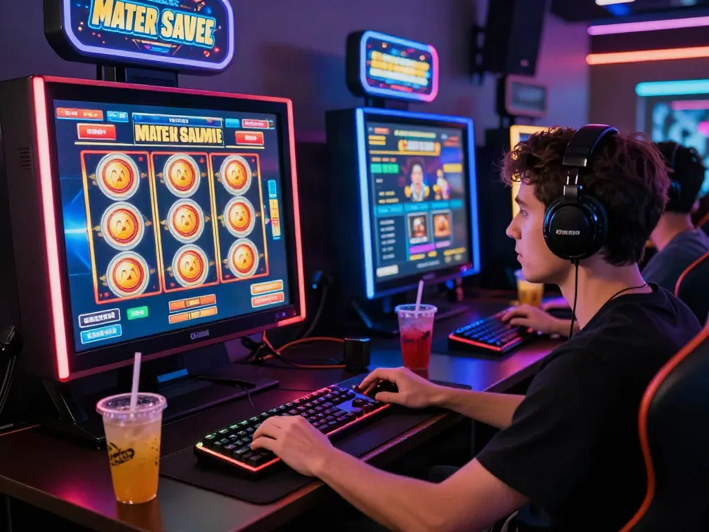 Pemain bermain slot777 dengan antusias di komputer, dikelilingi suasana ceria dan aksesori gaming.