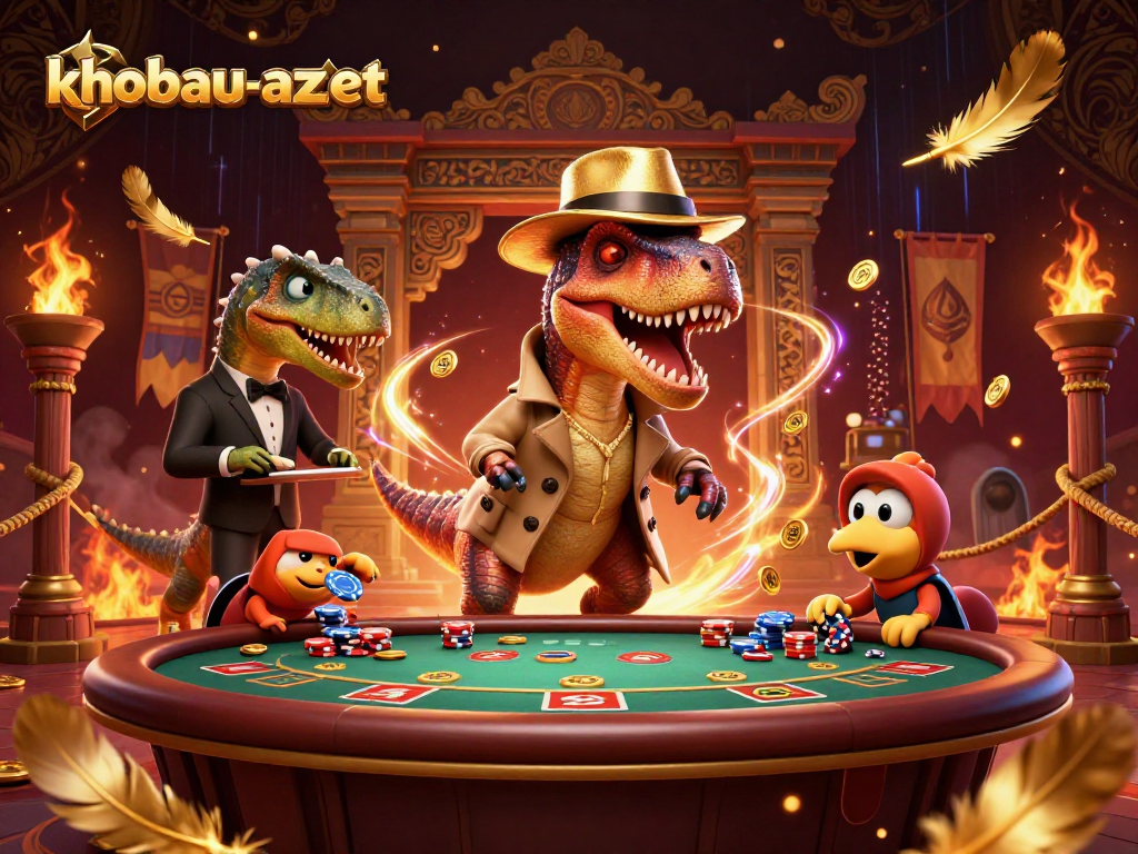 khobau-aztec velociraptor card counter engages at blackjack table amidst a vibrant casino scene
