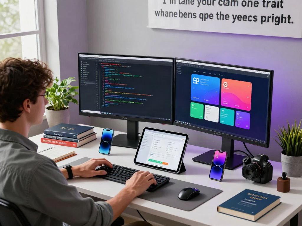Developing gb whatsapp apk in a modern tech workspace with dual monitors and coding elements.