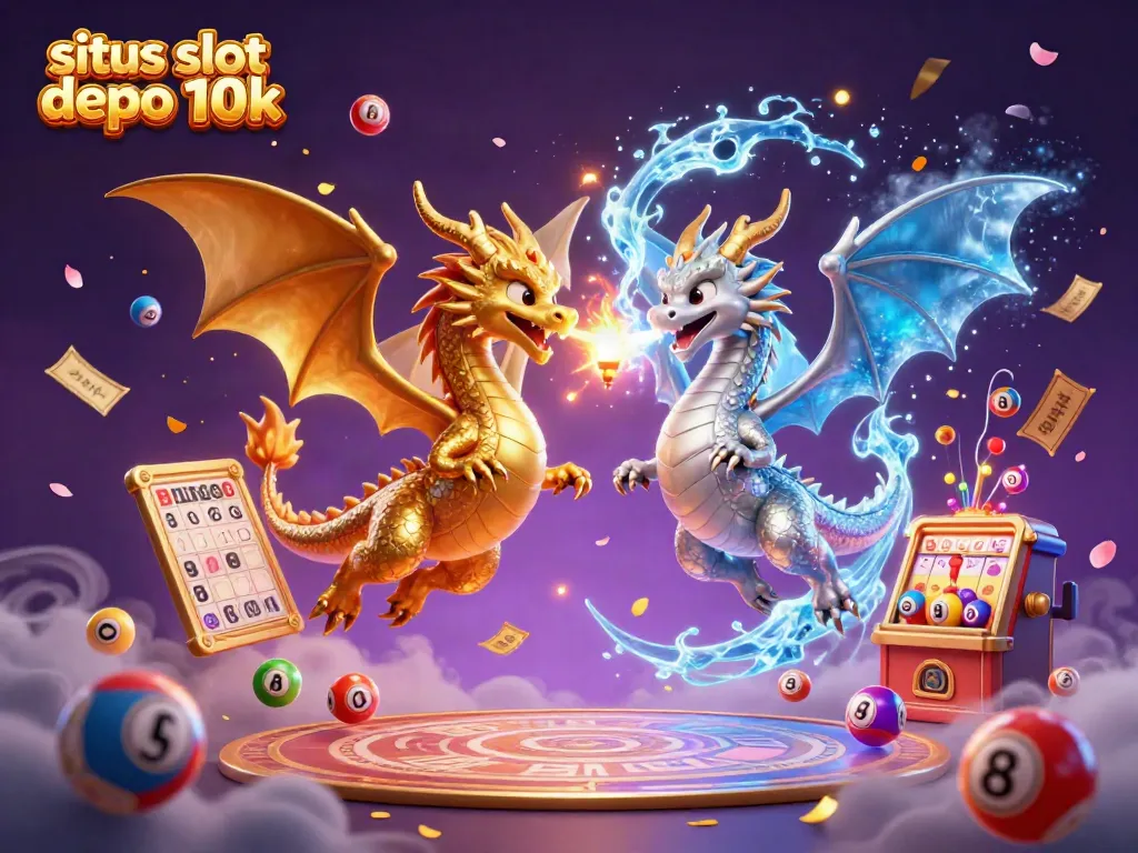 Engage with situs slot depo 10k in this vibrant 3D illustration featuring golden and silver dragons amid dynamic gambling elements.