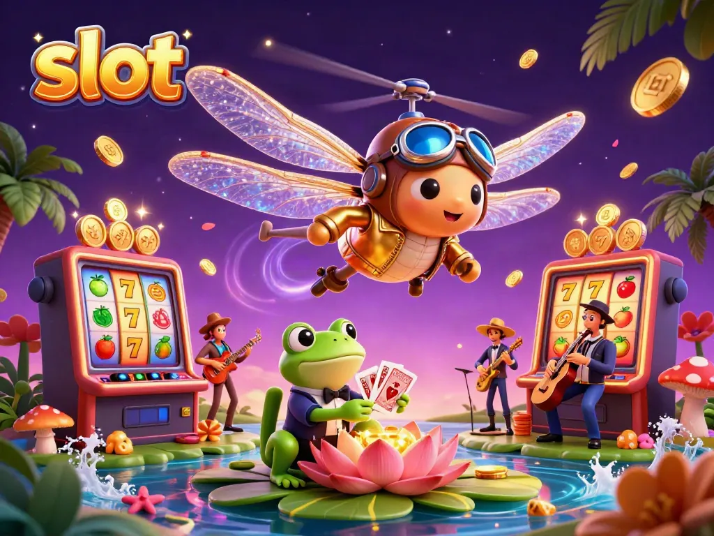 Experience vibrant slot gaming action with a jazz band, dragonfly pilot, and croupier in a lively scene.
