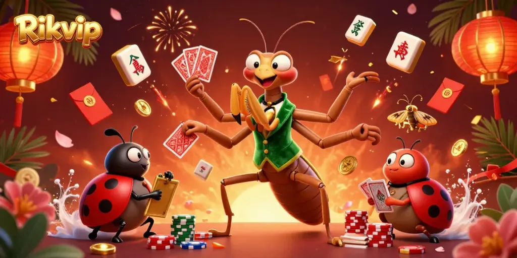 Experience the excitement of Rikvip with dynamic card dealing and vibrant casino elements.