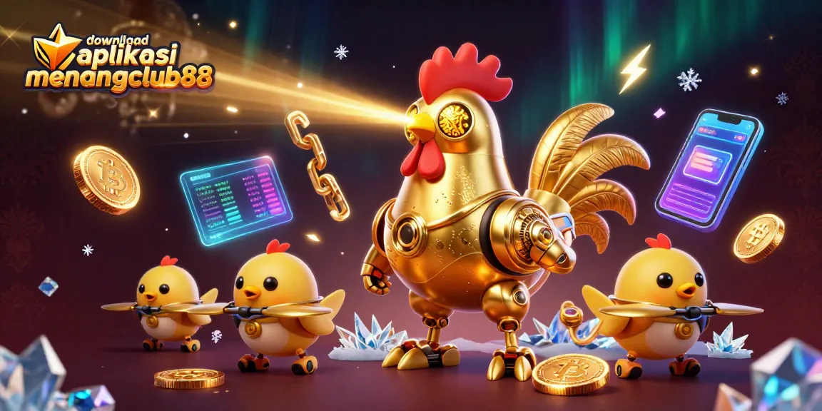 Experience the thrill of gaming by downloading aplikasi menangclub88, featuring a golden rooster robot in a vibrant crypto scene.