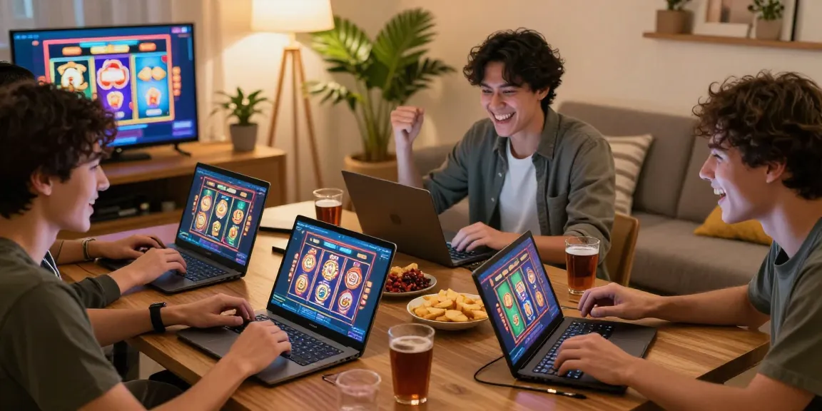 Players enjoying slot777 games in a cozy living room setup, showcasing excitement and social interaction.