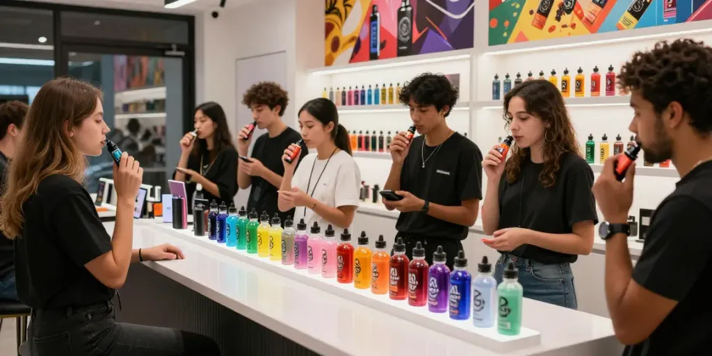 Customers enjoying Alt Zero E-Liquid flavors in a vibrant vape shop.