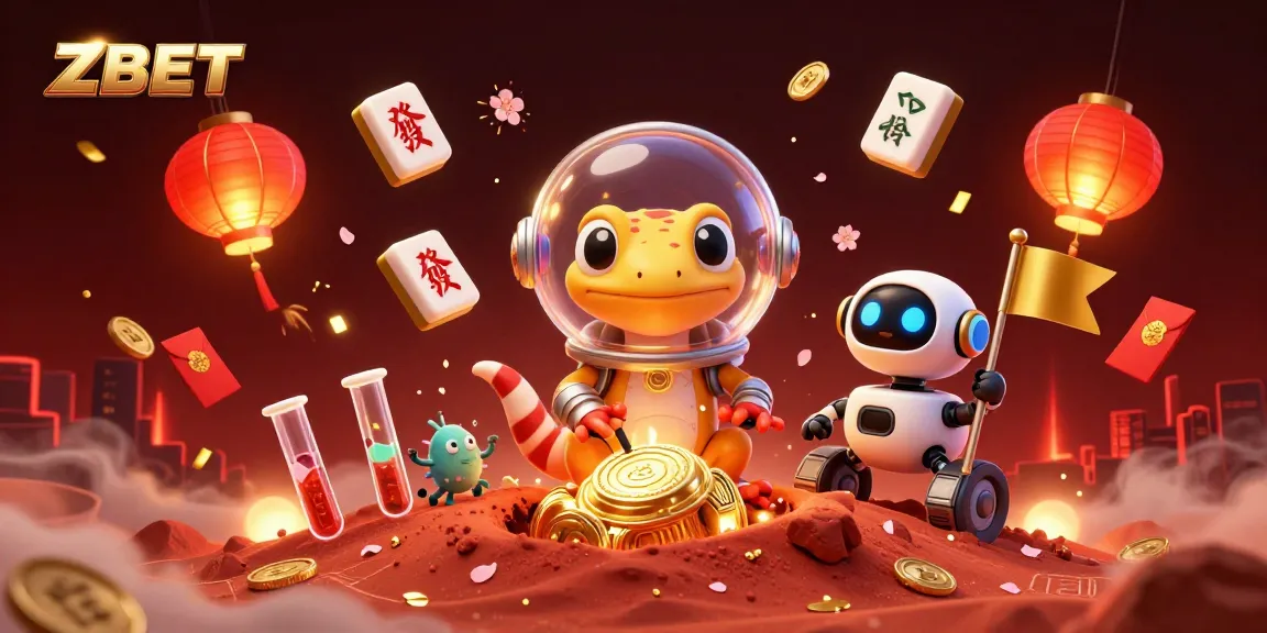 ZBET showcases an adventurous Martian gecko at a golden casino with vibrant casino elements.