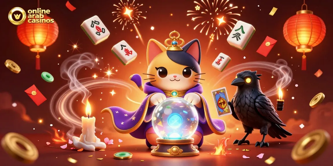 Win big at online arab casinos with a mystical cat, glowing raven, and enchanting elements.