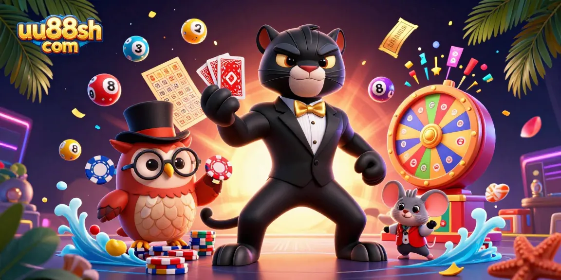Engage in thrilling gameplay at uu88sh com with a stylish 3D panther dealing cards and vibrant gambling elements.
