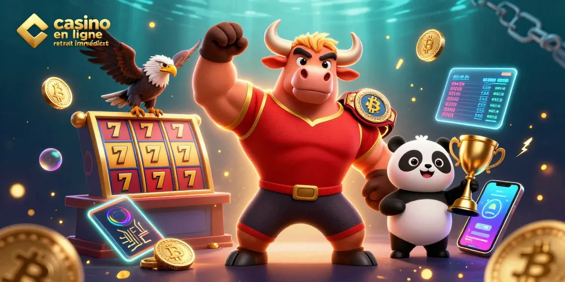 Casino en ligne retrait immédiat : Bull et panda célébrant une victoire sur un fond de jeux d'argent.