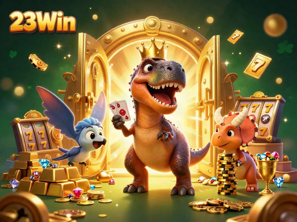 Experience slots excitement with 23Win as playful dinosaurs shuffle cards and stack gold!