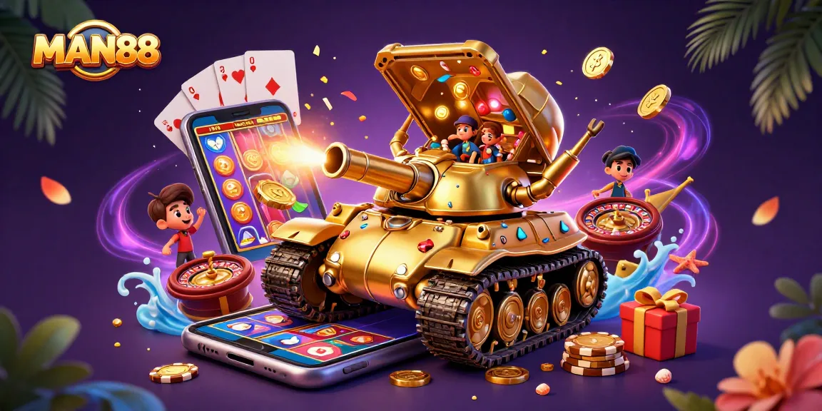 Join the action at MAN88 with a vibrant casino scene highlighted by a golden beetle tank!