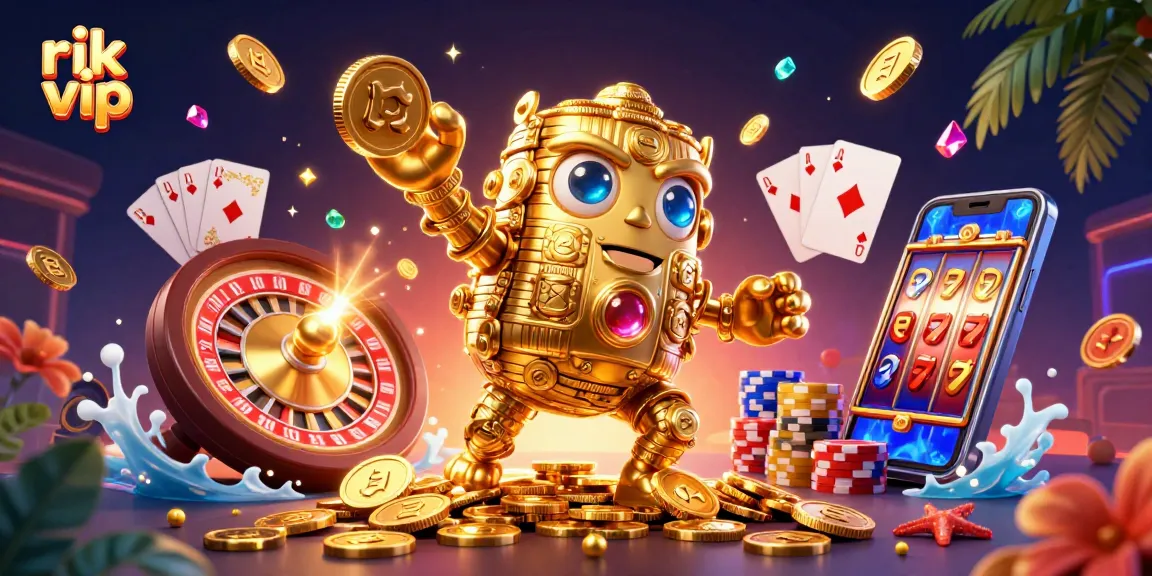 Experience the thrill of rik vip with a dynamic casino scene featuring a golden golem and casino elements.