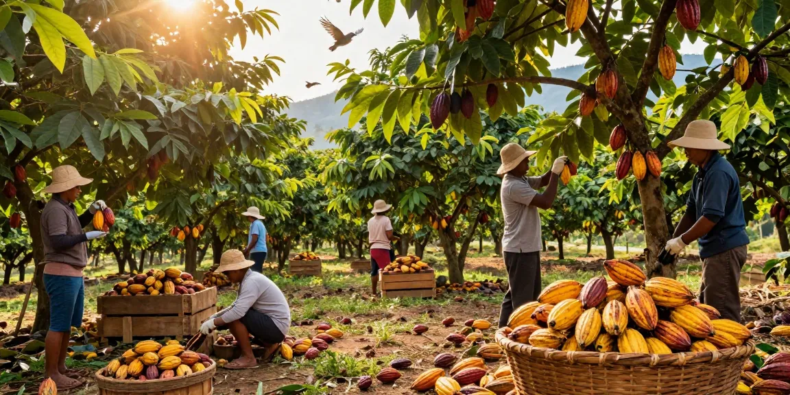 Cocoa plantation workers harvesting cacao pods embodying the m98 culture in a vibrant setting.