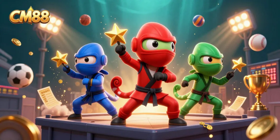 CM88 showcases three ninja chameleons in a vibrant casino-themed illustration, highlighting action and excitement.