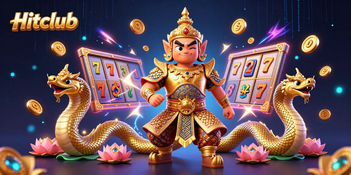 Experience playing slots at Hitclub with an illustration of a Thai guardian and vibrant casino elements.