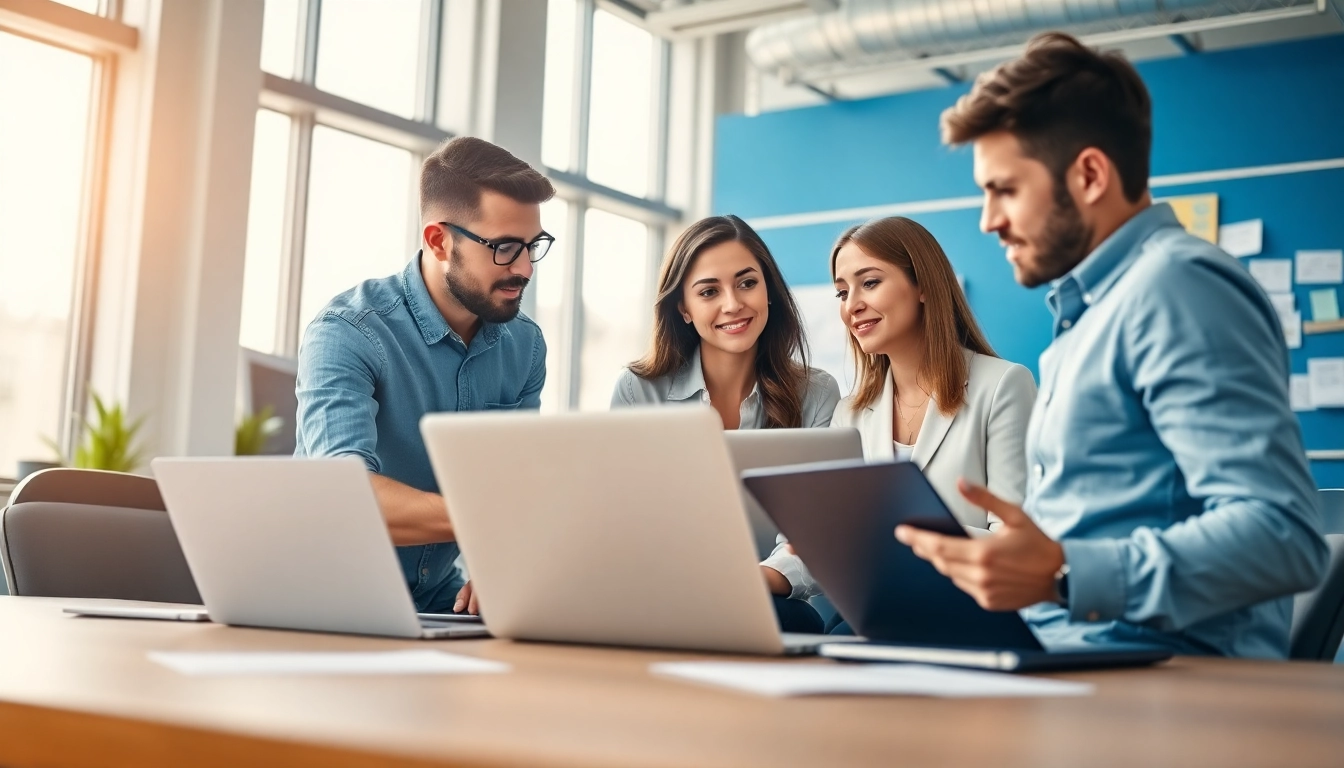 A social media agency team brainstorming in a bright modern office.