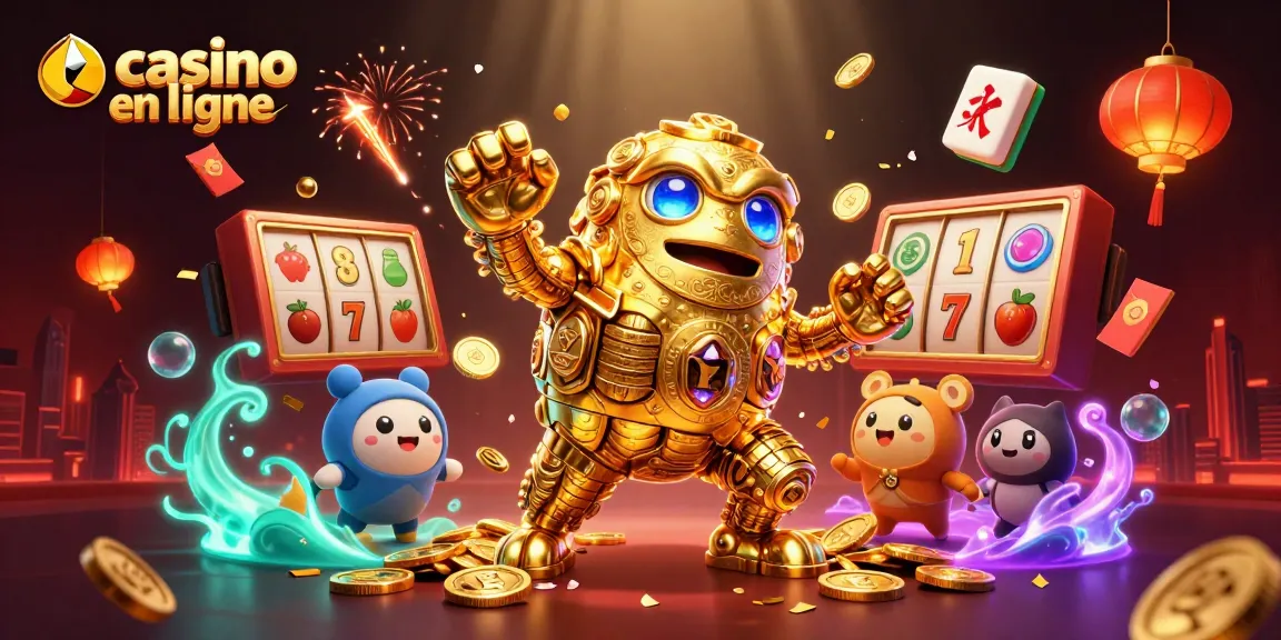 Les gains des machines à sous et les lumières vives d'un casino en ligne se mélangent dans une illustration animée.