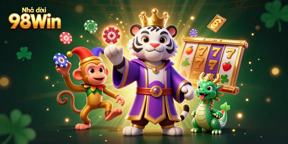 Engage with Nhà cái 98Win and explore vibrant slot games illustrated with dynamic characters and lively scenes.