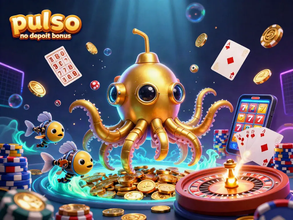 Play and win with Pulsz Bingo no deposit bonus featuring golden kraken, coins, and bingo elements.