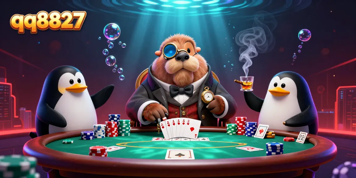 Engage with qq8827's underwater poker scene featuring a walrus and dealer in action.