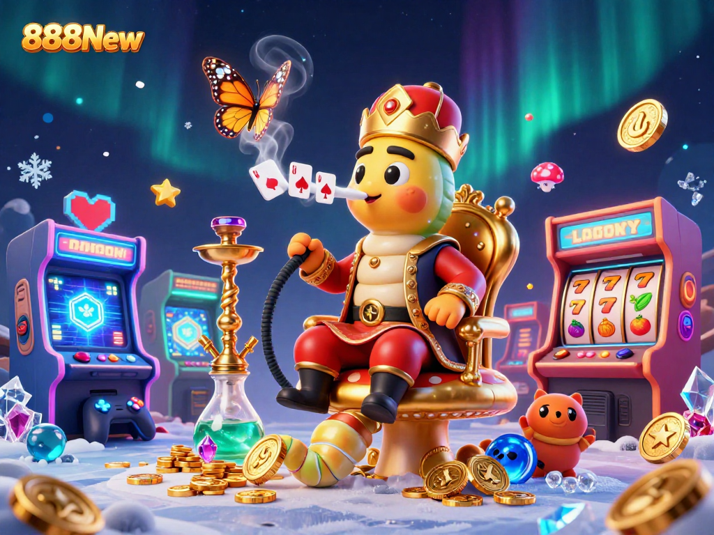 Experience fortune at 888New with a vibrant casino scene featuring dynamic game elements and a whimsical caterpillar master.