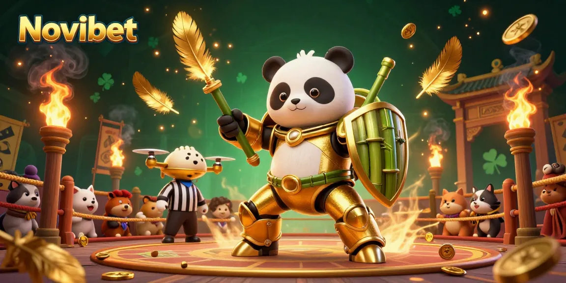 Experience Novibet's thrilling casino action with a golden panda piloting a mech-suit in an exciting arena.