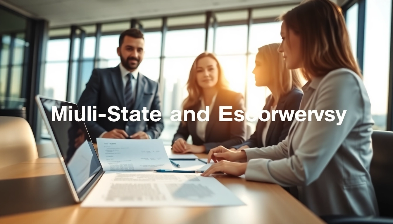 Engaging professionals reviewing documents about multi-state title and escrow services in a modern setting.