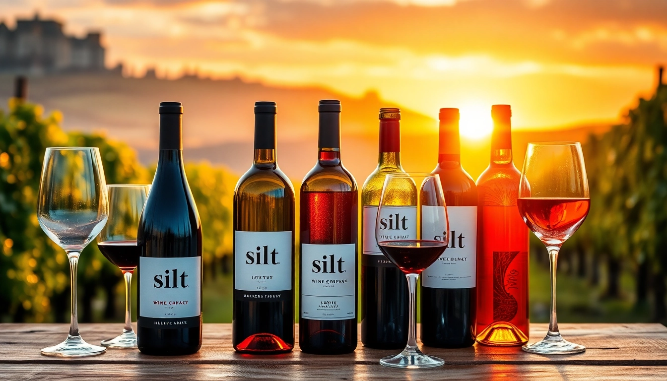 Elegant tasting of silt wine company wines against a vineyard backdrop at sunset.