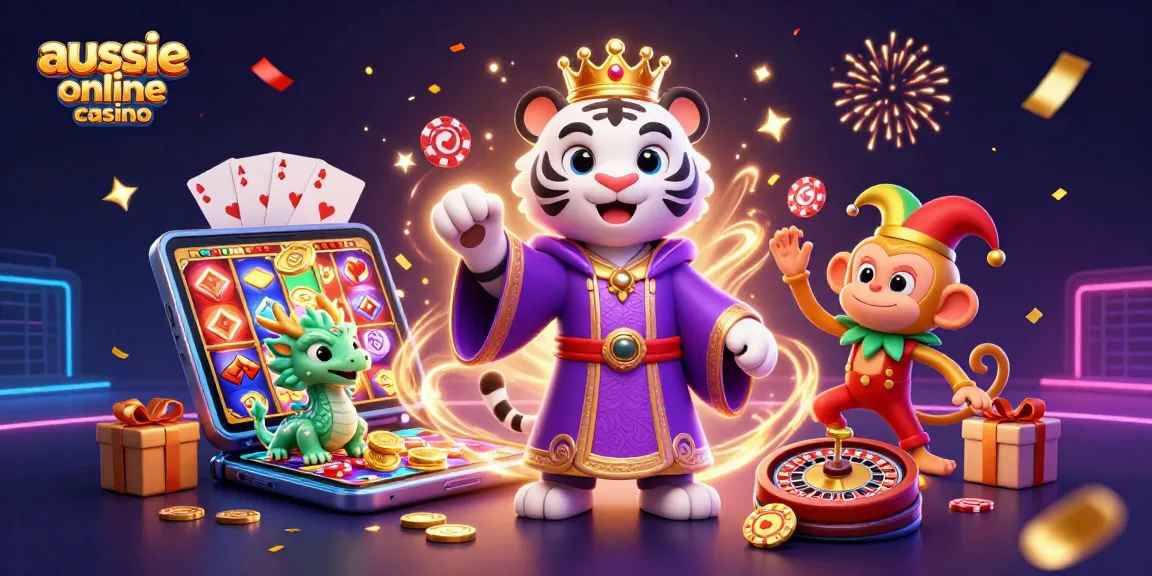 Engage with the vibrant illustration of an aussie online casino featuring a tiger, monkey, and dragon in an exciting casino scene.