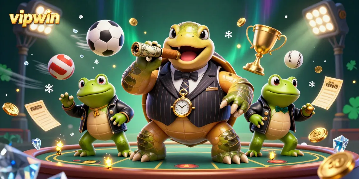 Engage with vipwin's vibrant 3D casino scene featuring a mobster turtle and dynamic sports elements.