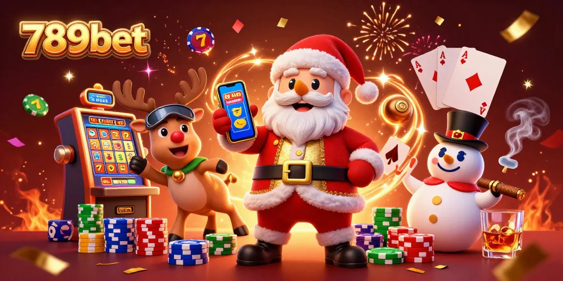 Spin to win with 789bet’s jackpot slots featuring vibrant Santa, reindeer dealer, and poker chip snowman.
