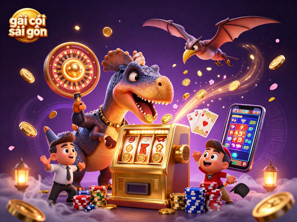 Catching golden coins and jackpots in the dynamic gambling scene representing gái gọi sài gòn with playful dinosaur characters.
