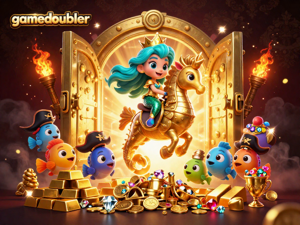 Engage with gamedoubler's vibrant gaming world featuring a mermaid, seahorse, and treasure.