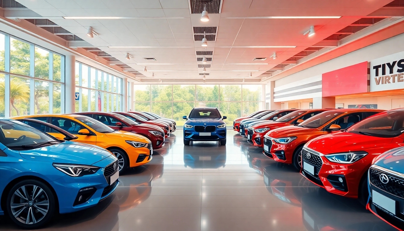 Buy New Car options showcased in a vibrant car dealership showroom.