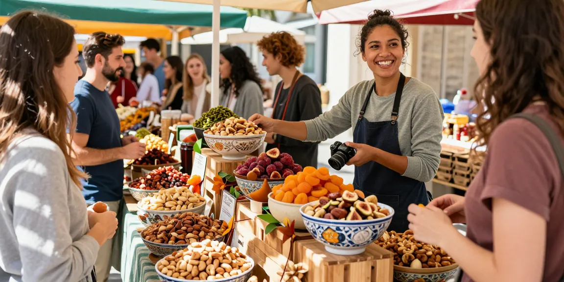M98 สล็อตเว็บตรงไม่ผ่านเอเย่นต์ showcases a vibrant market scene filled with fresh nuts and dried fruits, emphasizing healthy snacking.