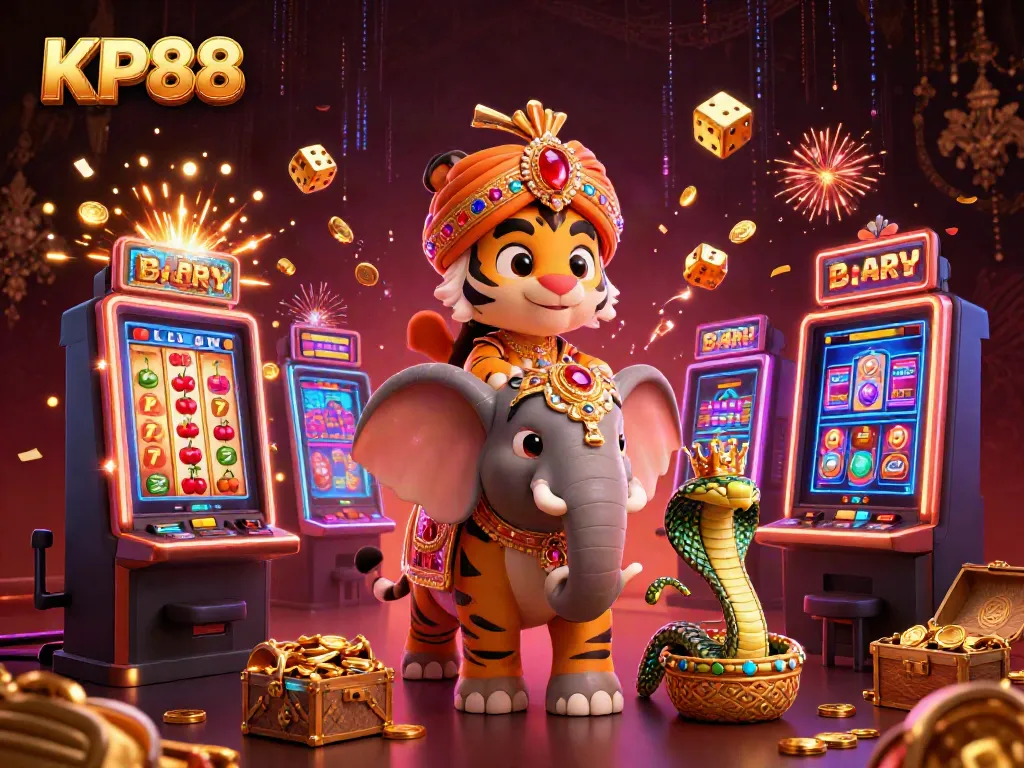 Engage with KP88's thrilling casino adventure featuring a lucky maharaja tiger, jewel-encrusted elements, and an explosion of jackpot excitement.