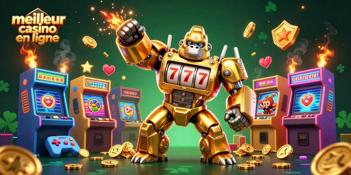 Une illustration dynamique du meilleur casino en ligne avec un gorille mech en or et des machines à sous.