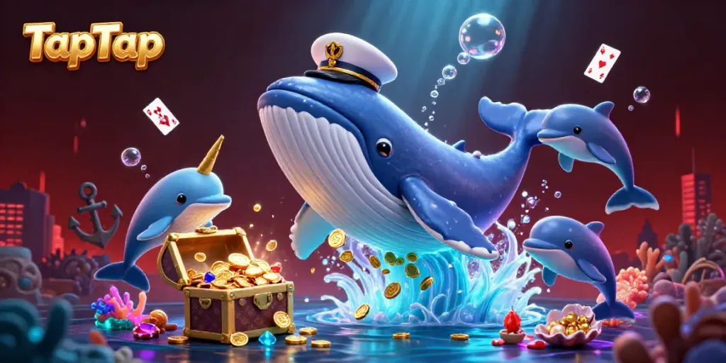 Engage in TapTap gaming illustrated by a whale with a captain's coat, surrounded by casino symbols.